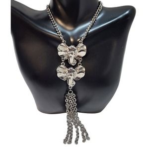 Double Elephant Head Pendant Opera Length Lariat Silver plate Necklace‎ w Tassel